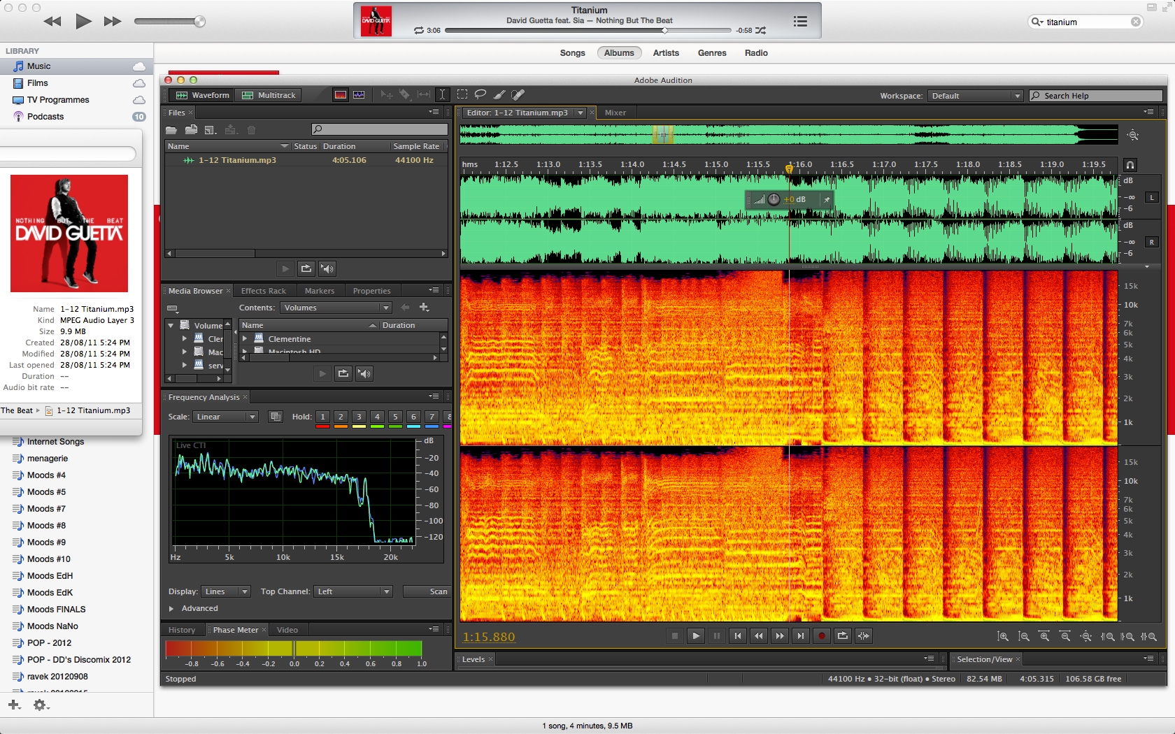  Screenshot of Adobe Audition showing a Fourier transform of both channels of 'Titanium' by David Guetta ft Sia In the centre is the drop at ~1m15s. 