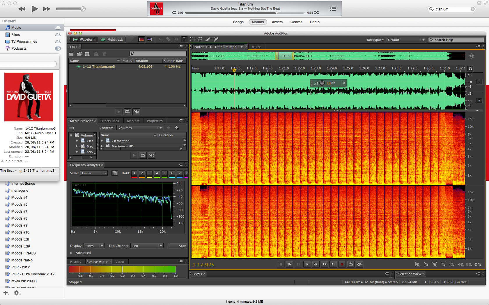  Screenshot of Adobe Audition showing a Fourier transform of both channels of 'Titanium' by David Guetta ft Sia In the centre is the section from ~1m15s to ~1m31s.