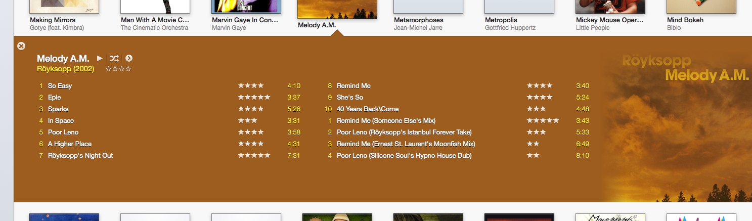  Screenshot of iTunes 11 showing the track listing and album art analysis output for Melody AM by Röyksopp 