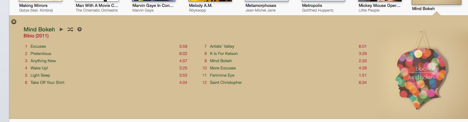  Screenshot of iTunes 11 showing the track listing and album art analysis output for Mind Bokeh by Bibio 