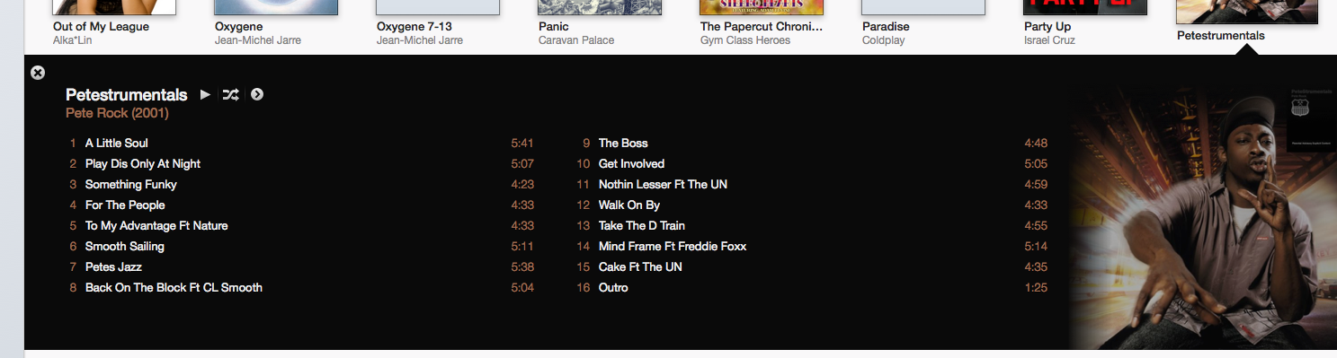  Screenshot of iTunes 11 showing the track listing and album art analysis output for Petestrumentals by Pete Rock 