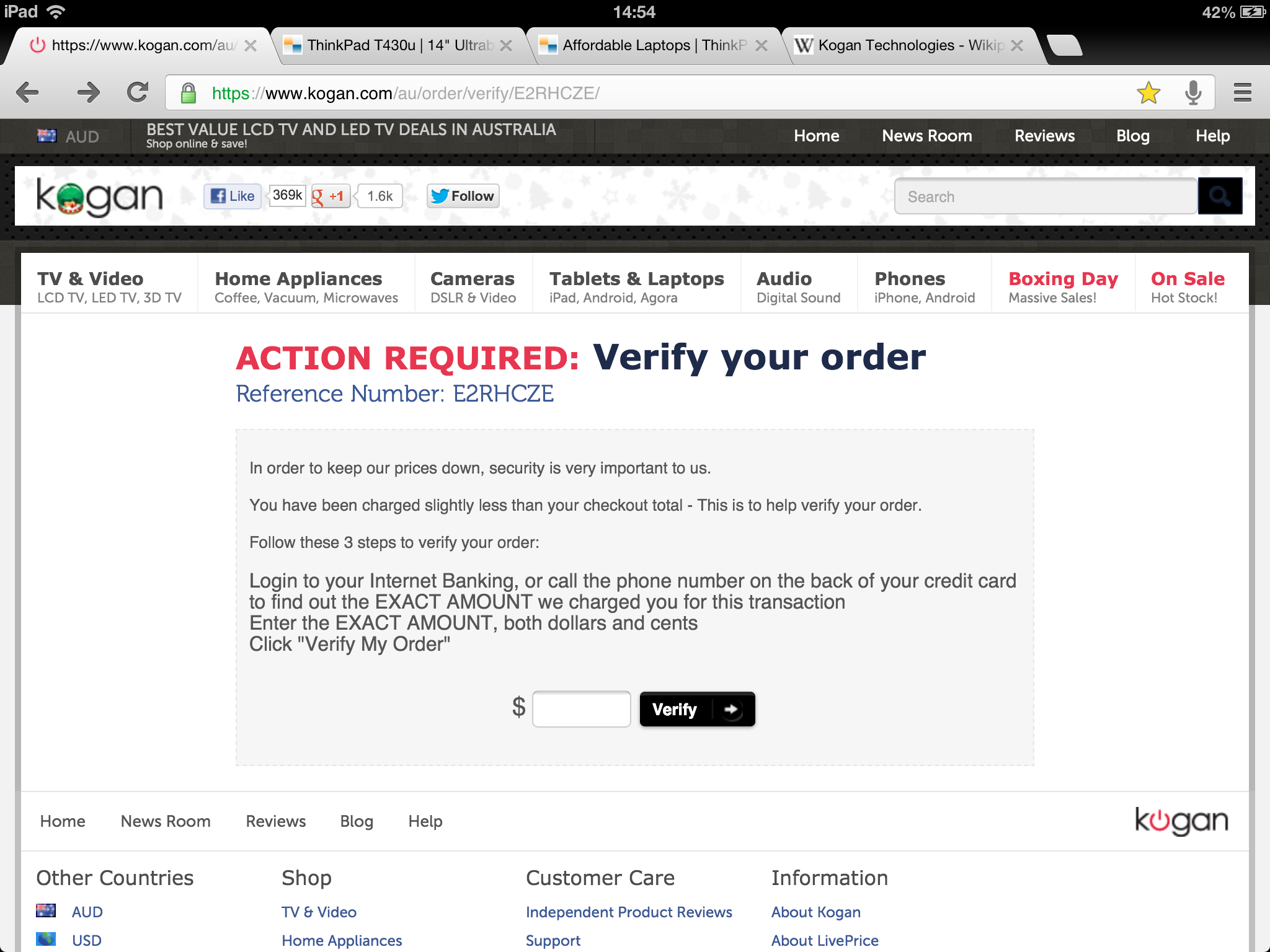 Screenshot of the Kogan website, showing the price validation security feature, with the text 'In order to keep our prices down, security is very important to usYou have been charged slightly less than your checkout total - This is to help verify your order.'